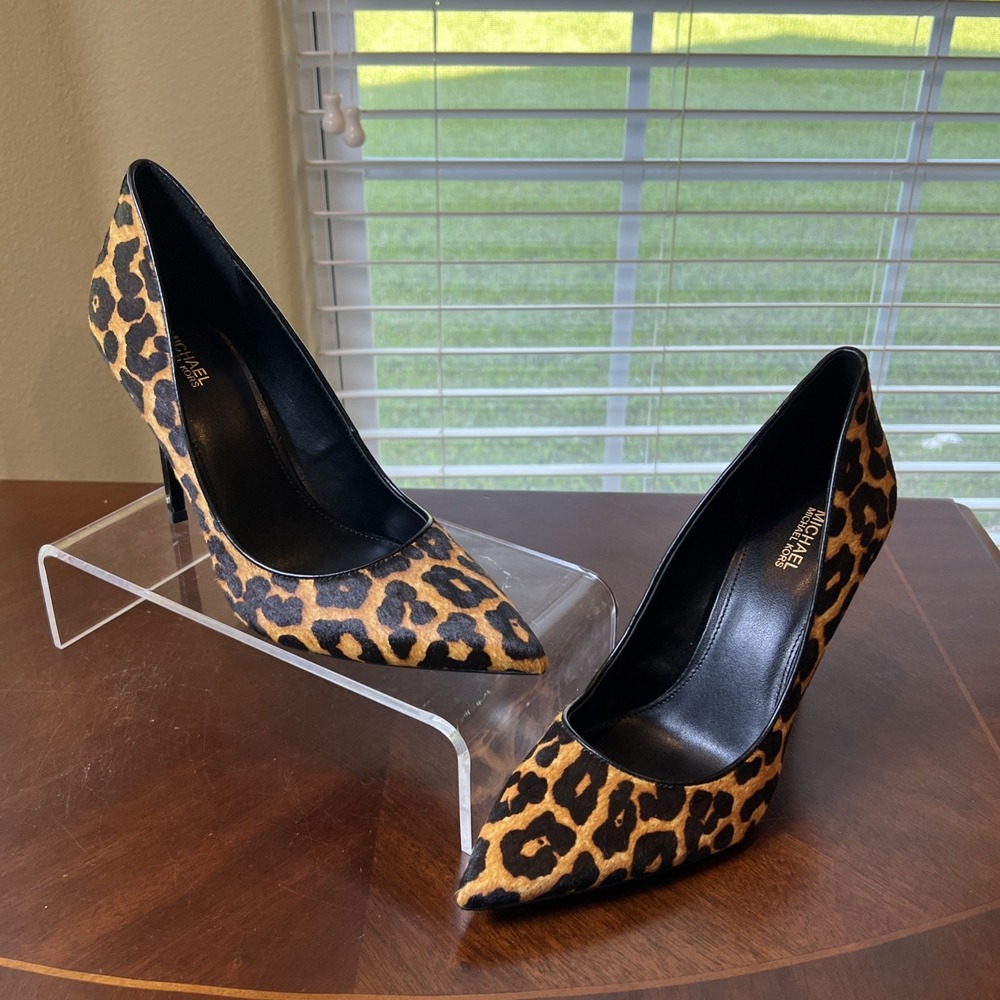 Michael Kors Keke Cow Hair Leather Leopard Print Mid Pump Sz 8.5 Mob Wife Money